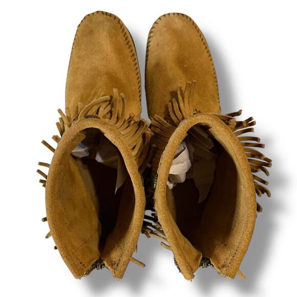 Minnetonka Moccasins Womens Tan Brown Suede Western Ankle Fringe Zip Back Size 9 - Picture 6 of 11